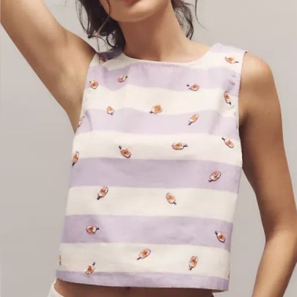 Maeve Lavender and White Striped Embroidered Crop Top
